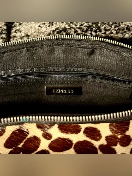 EXPRESS || Vintage Leopard Print Zip Handbag – Faux Fur Calf Hair Satchel - Picture 3 of 5